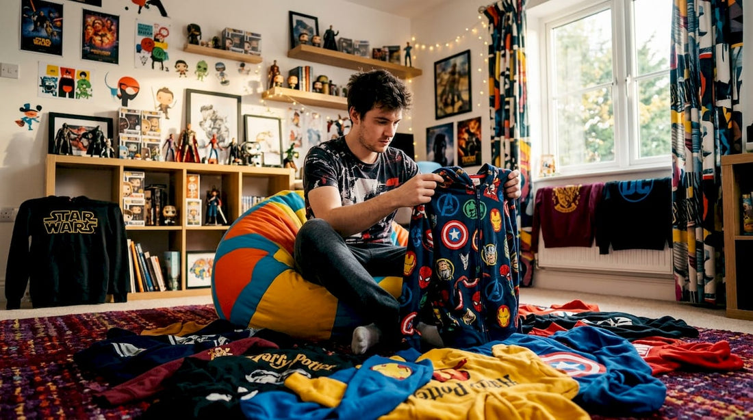Fan examining collection of movie hoodies