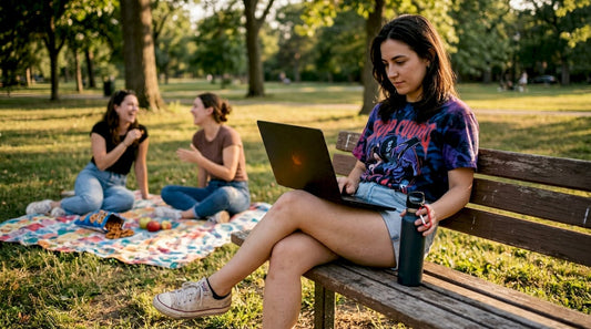 Woman browsing pop culture merchandise on laptop at café table