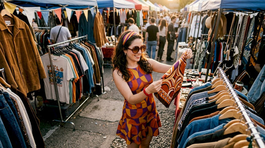 Woman browsing classic film-inspired clothing in boutique