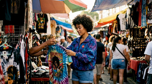 Woman examining pop culture t-shirt in boutique
