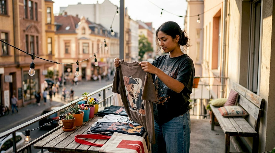Woman selecting graphic tees at home