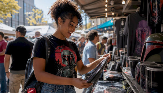 Young woman browsing fandom merchandise at market