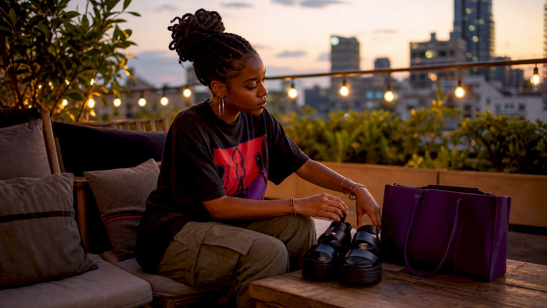 Woman styling graphic tee outfit in urban apartment