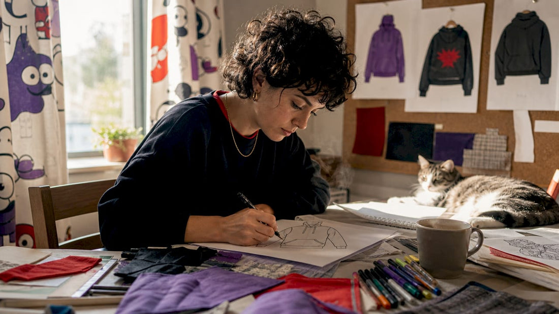 Designer sketching film-themed hoodie artwork