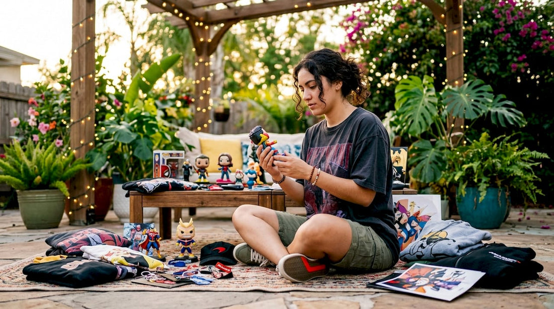 Collector sorting fandom merchandise at home