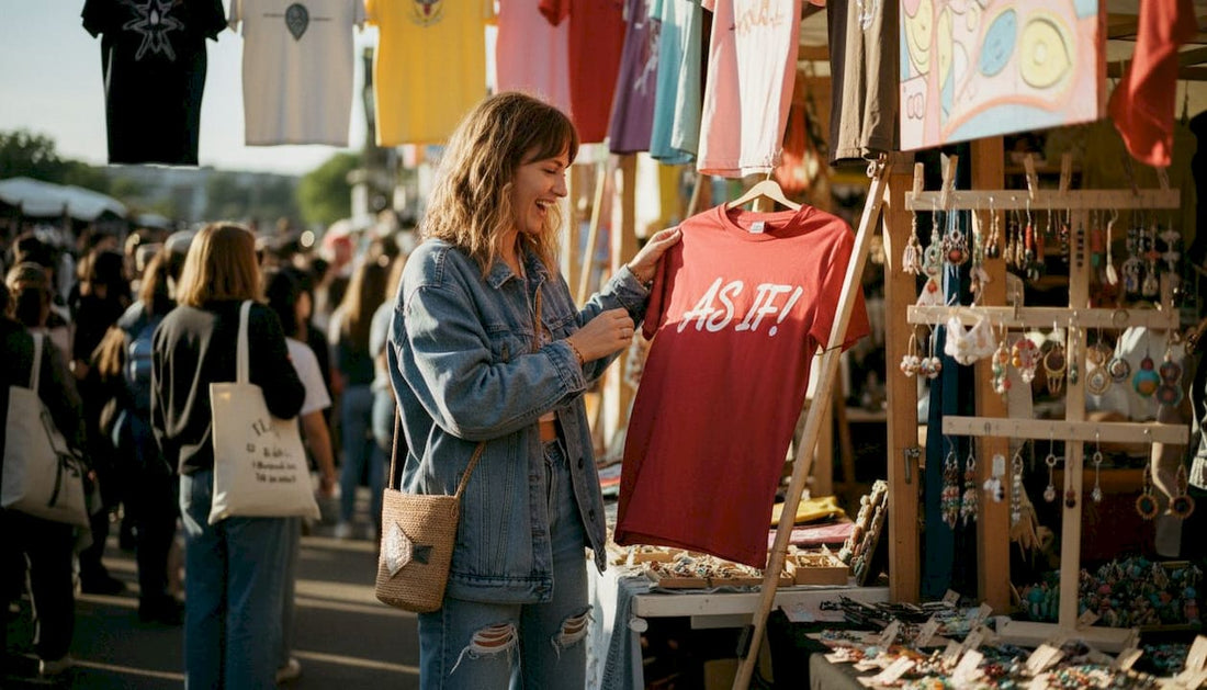 Shopper browsing film quote t-shirts in boutique