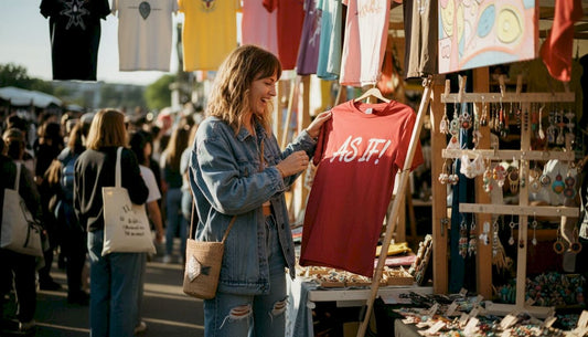Shopper browsing film quote t-shirts in boutique