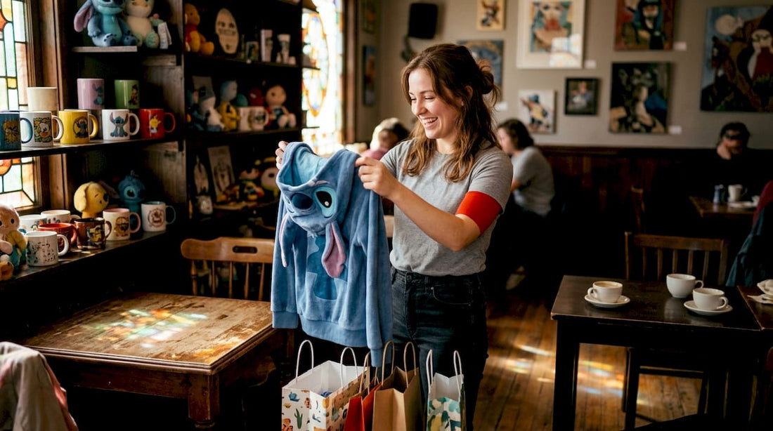 Shopper examining character merchandise in boutique