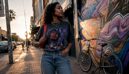 Young woman styling vintage movie tee outdoors