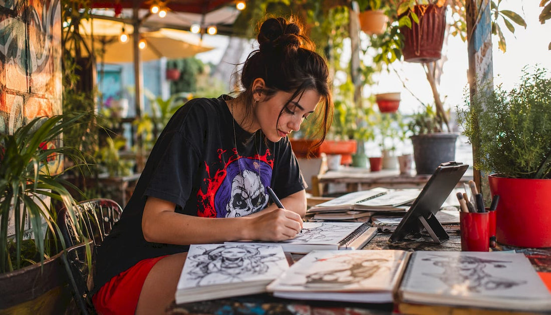 Artist working on POD designs in home studio