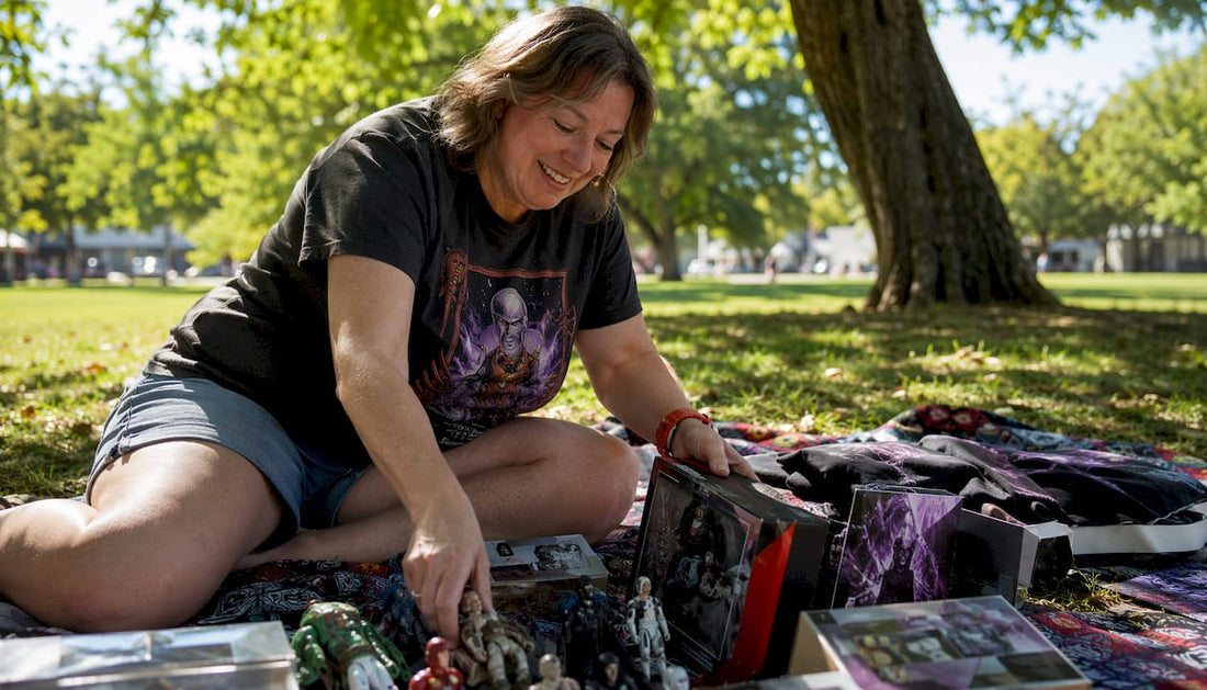 Woman organizing sci-fi fan merchandise at home