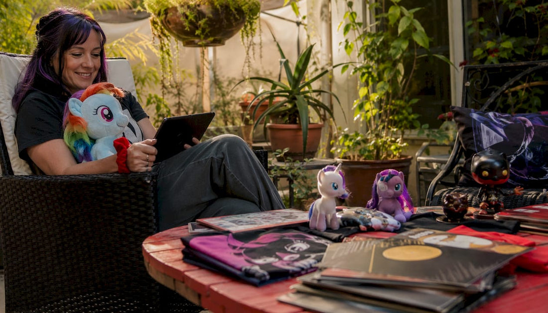 Woman enjoying nostalgia merchandise at home