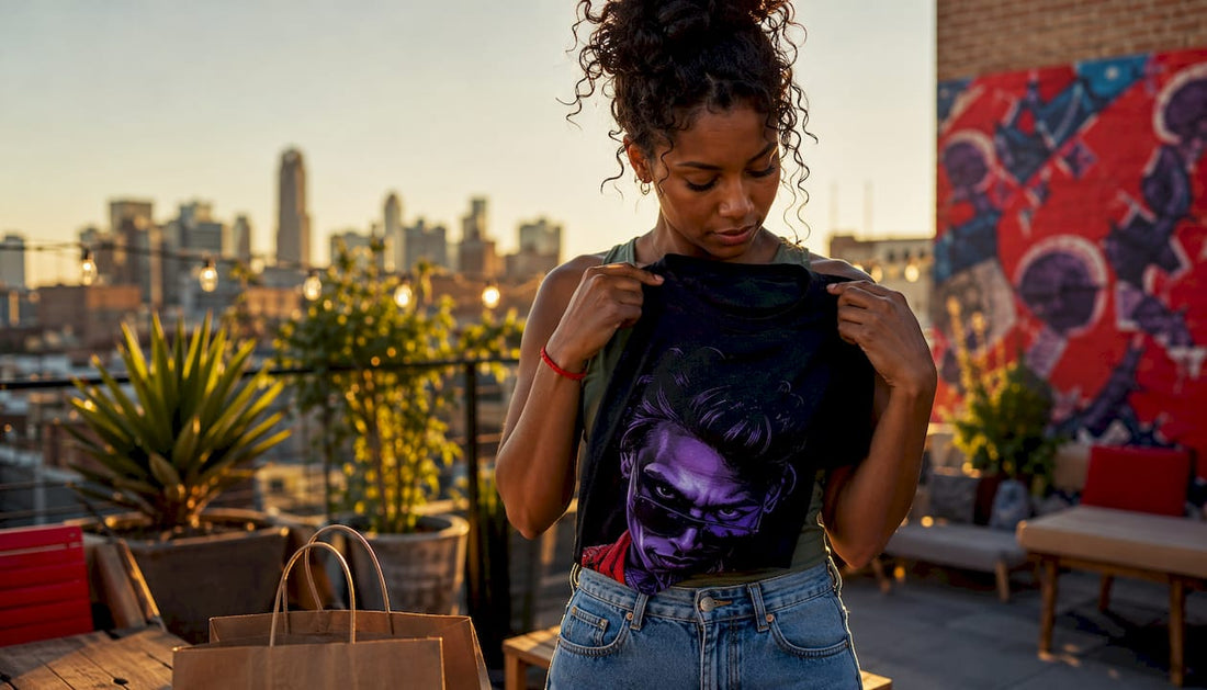 Woman deciding on movie quote t-shirt