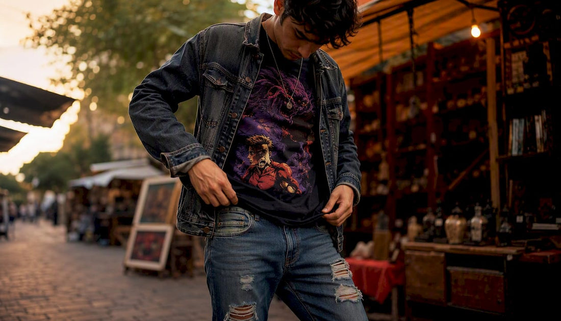 Person wearing movie tee with leather jacket