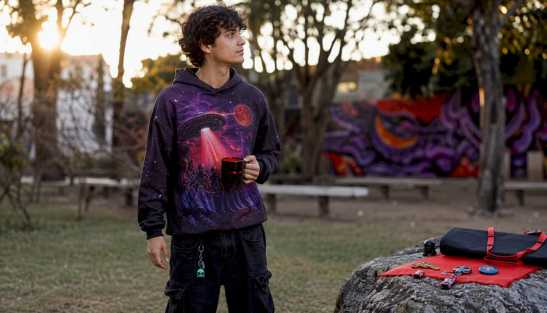 Person wearing sci-fi hoodie holding a novelty mug