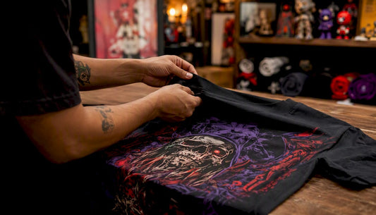 Hands inspecting printed t-shirt quality