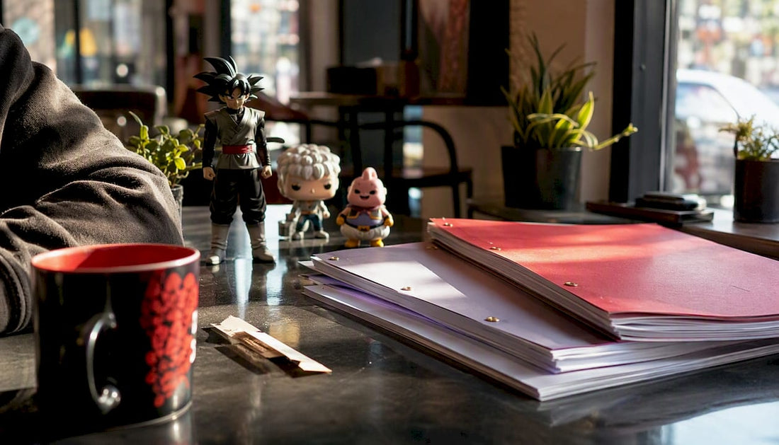 Workspace with film scripts and ensemble cast memorabilia