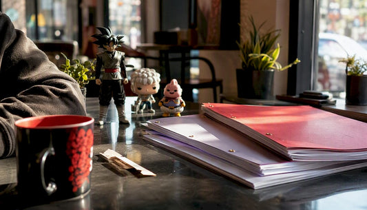 Workspace with film scripts and ensemble cast memorabilia