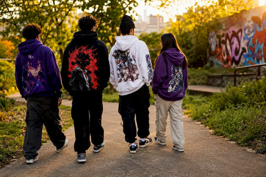 Group wearing varied printed hoodies outdoors