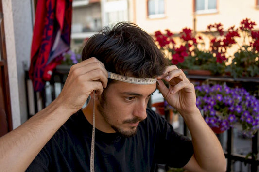 Hands measuring head circumference with tape