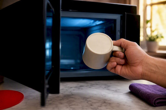 Hand inspecting mug base beside microwave