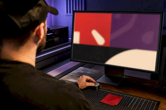 Designer reviewing print-ready artwork on monitor
