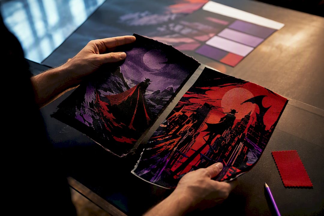Designer comparing anonymous tribute artwork panels