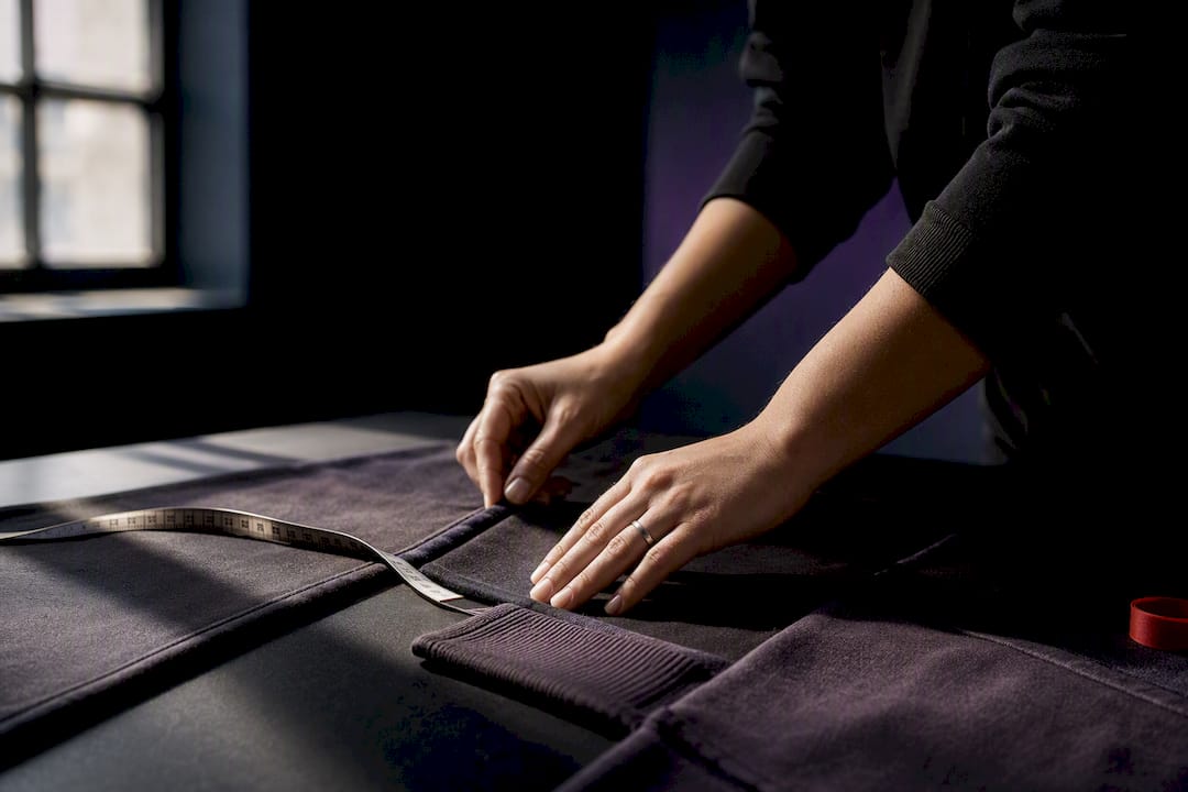 Hands measuring oversized hoodie fabric sections