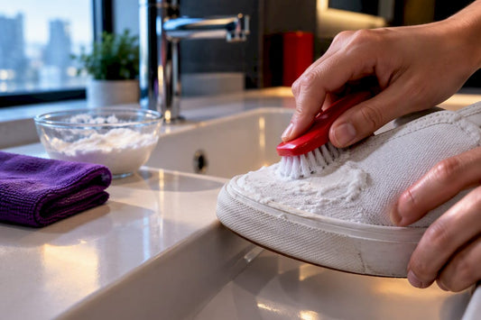 Hands cleaning white canvas shoe with paste