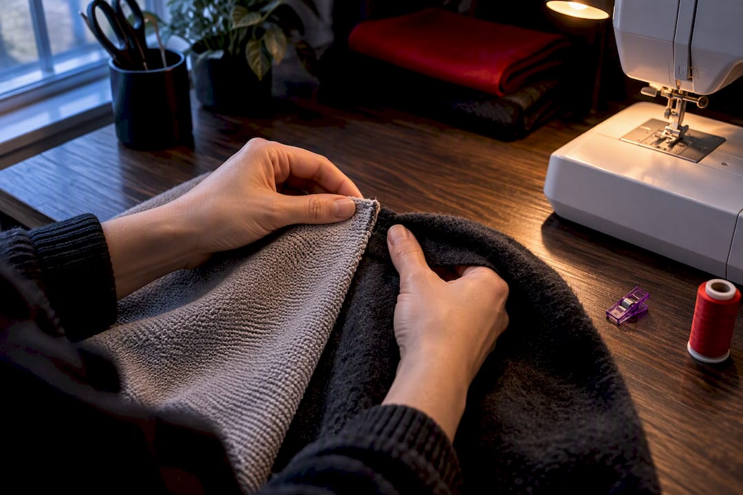 Hands comparing French terry and fleece