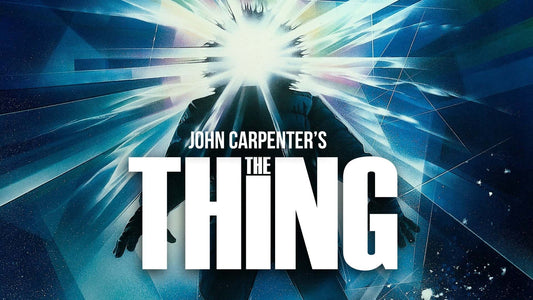 John Carpenter's The Thing movie poster showing a faceless figure in a parka, with a blinding burst of light and shattered ice where the head should be