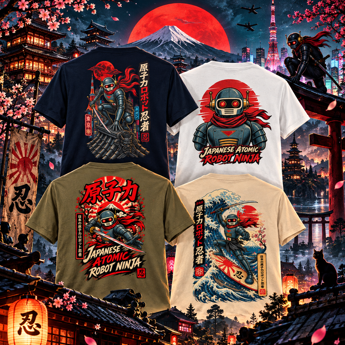 Heather Grey Japanese Atomic Robot Ninja organic cotton t-shirt showing small chest robot ninja logo on front and bold portrait back print of armoured robot ninja with red eyes red scarf against red sun circle
