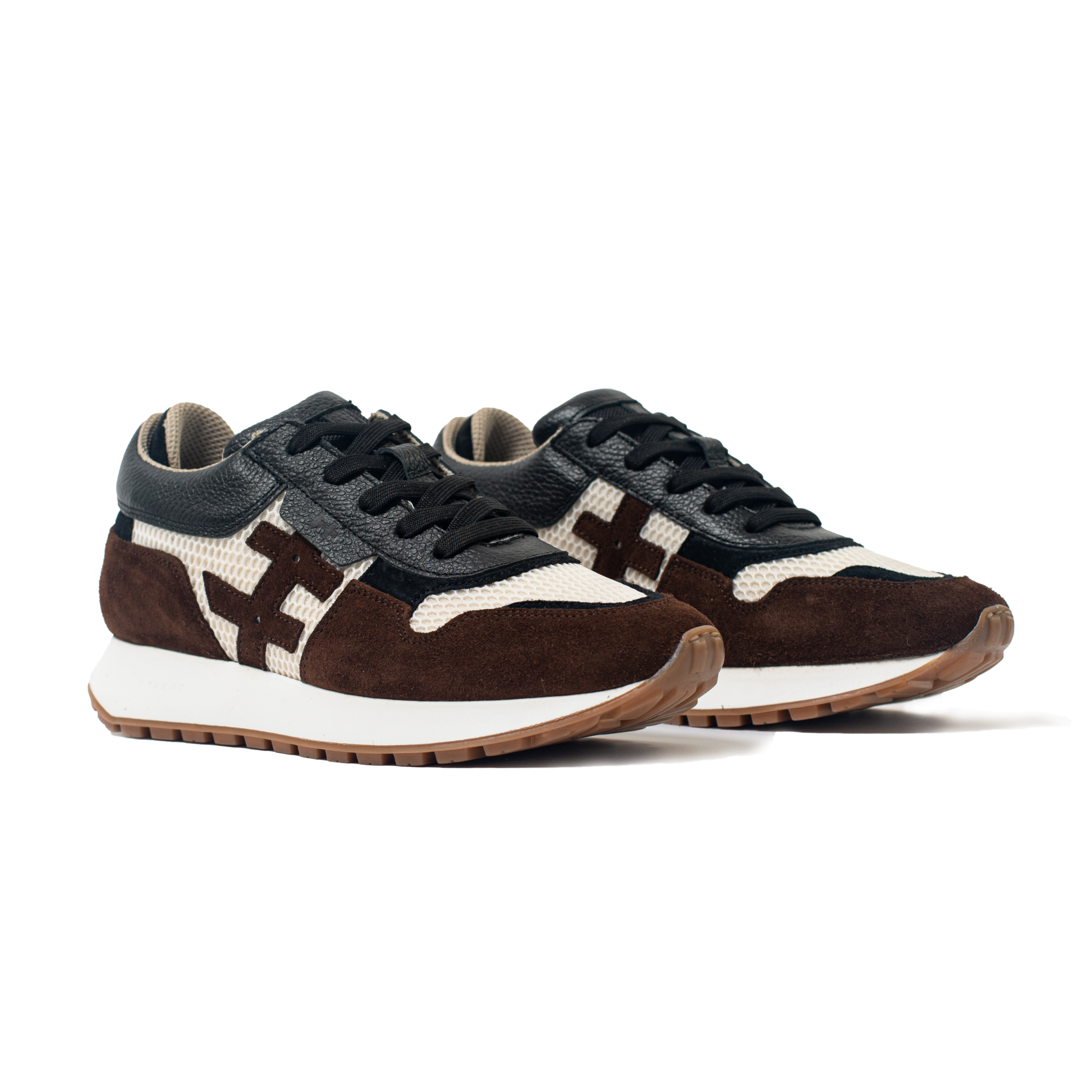 Pair of brown and black sneakers with white sole on a white background