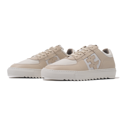 Pair of Beige sneakers with white soles on a white background