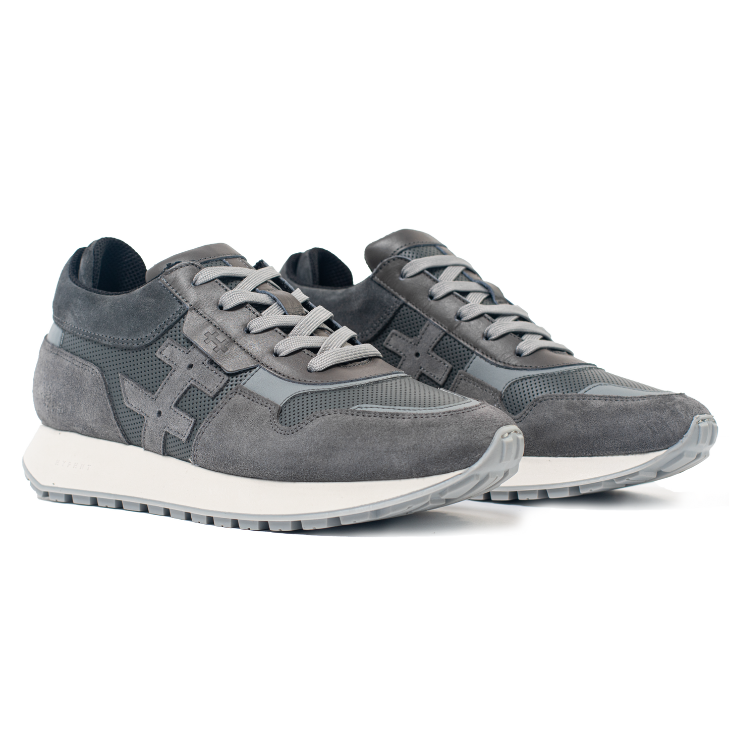 Pair of gray sneakers on a white background