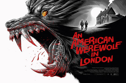 Movie poster for 'An American Werewolf in London' featuring a werewolf and a house in the background.
