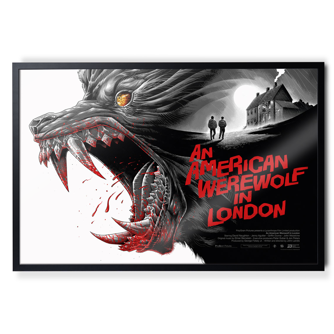Movie poster for 'An American Werewolf in London' with a werewolf and two people walking in the background.