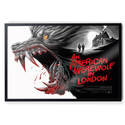 Movie poster for 'An American Werewolf in London' with a werewolf and two people walking in the background.