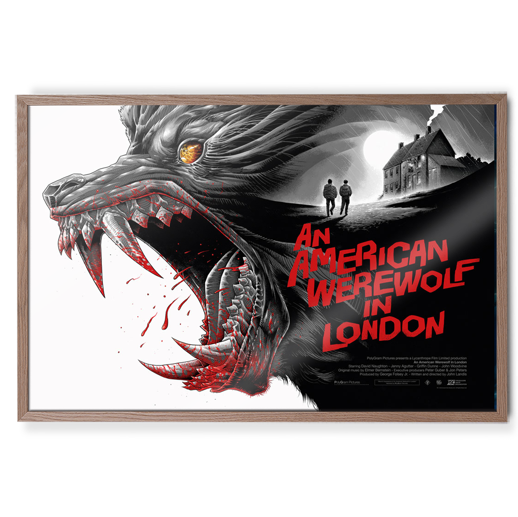 Movie poster for 'An American Werewolf in London' with a wolf head design.