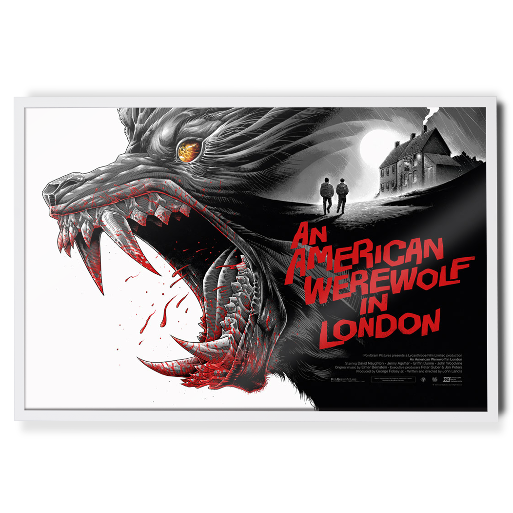 Movie poster for 'An American Werewolf in London' with a werewolf and two people walking away.