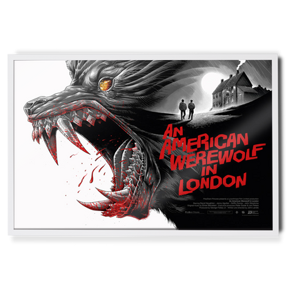 Movie poster for 'An American Werewolf in London' with a werewolf and two people walking away.