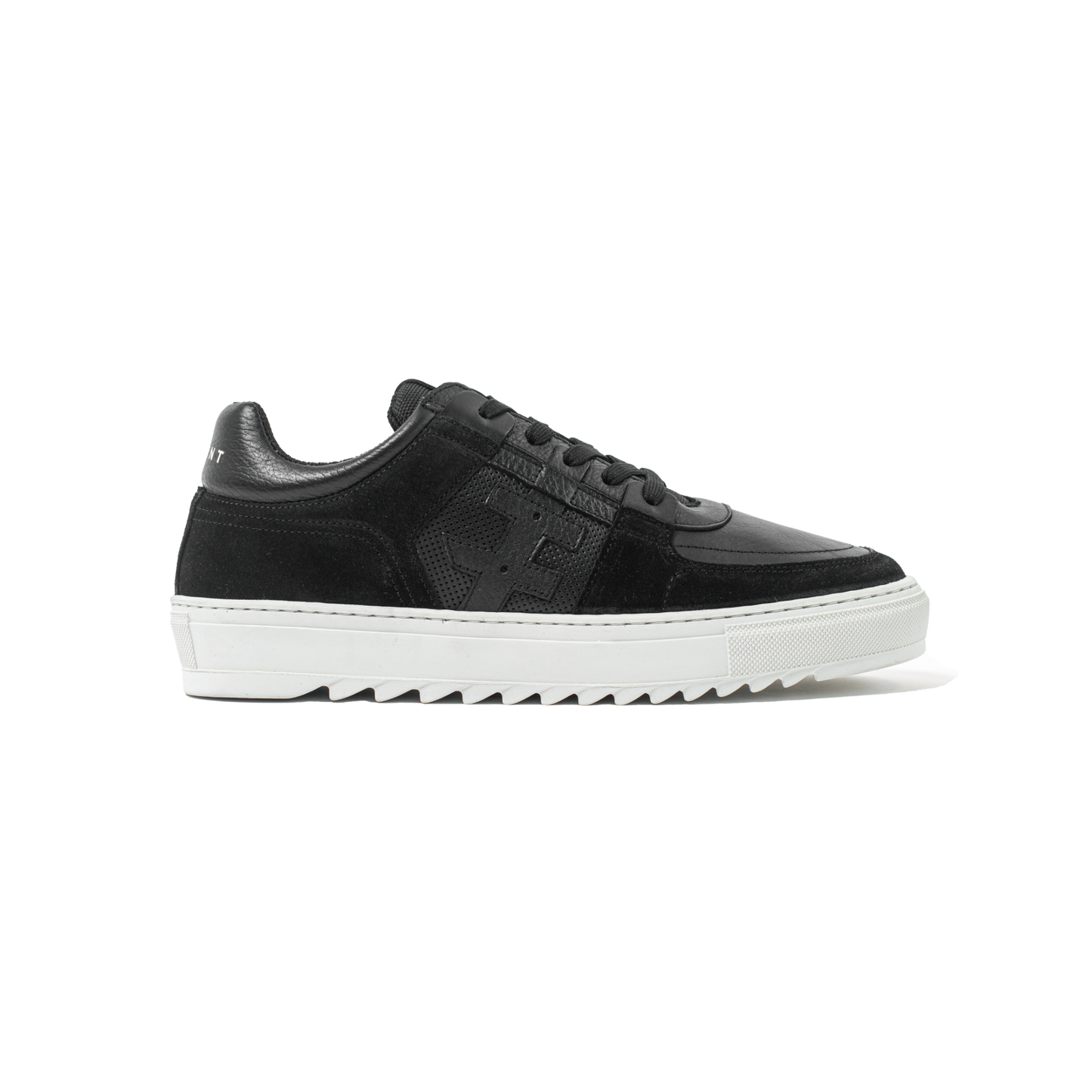 Black sneakers with white soles on a white background