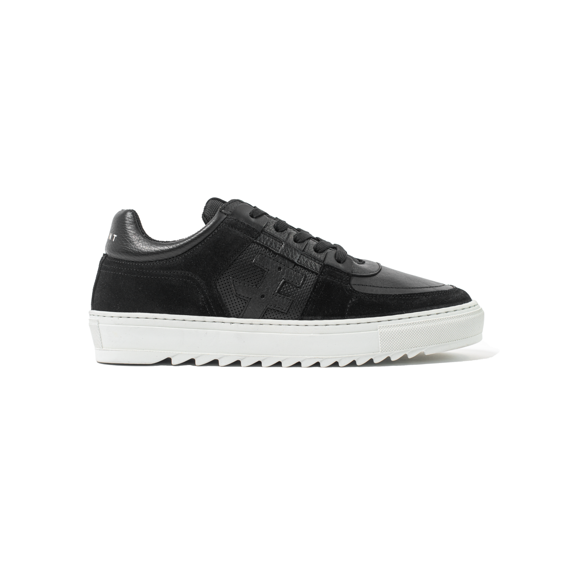 Black sneakers with white soles on a white background