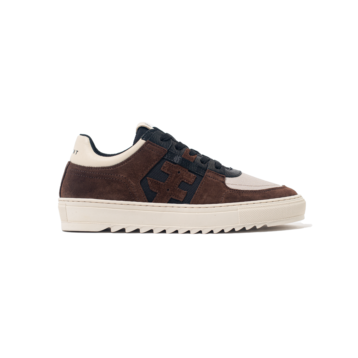 Brown and black sneaker with white sole on a white background