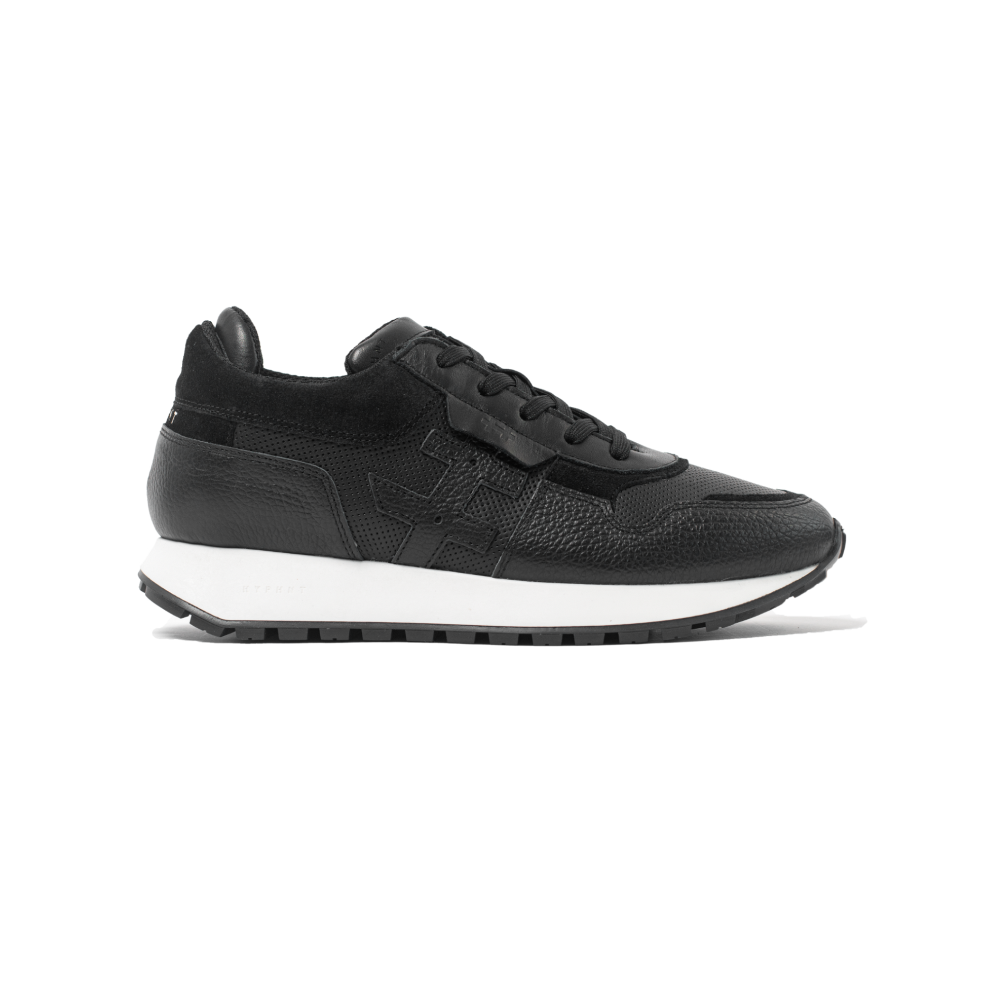 Black sneaker with white sole on a white background