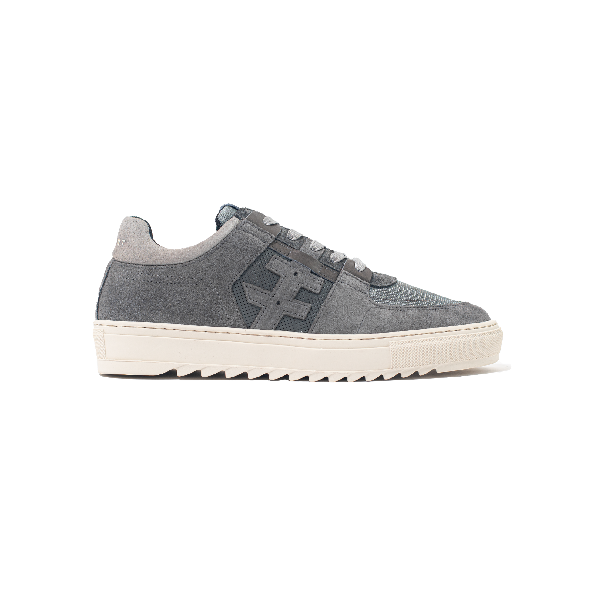 Gray sneaker with a white sole on a white background