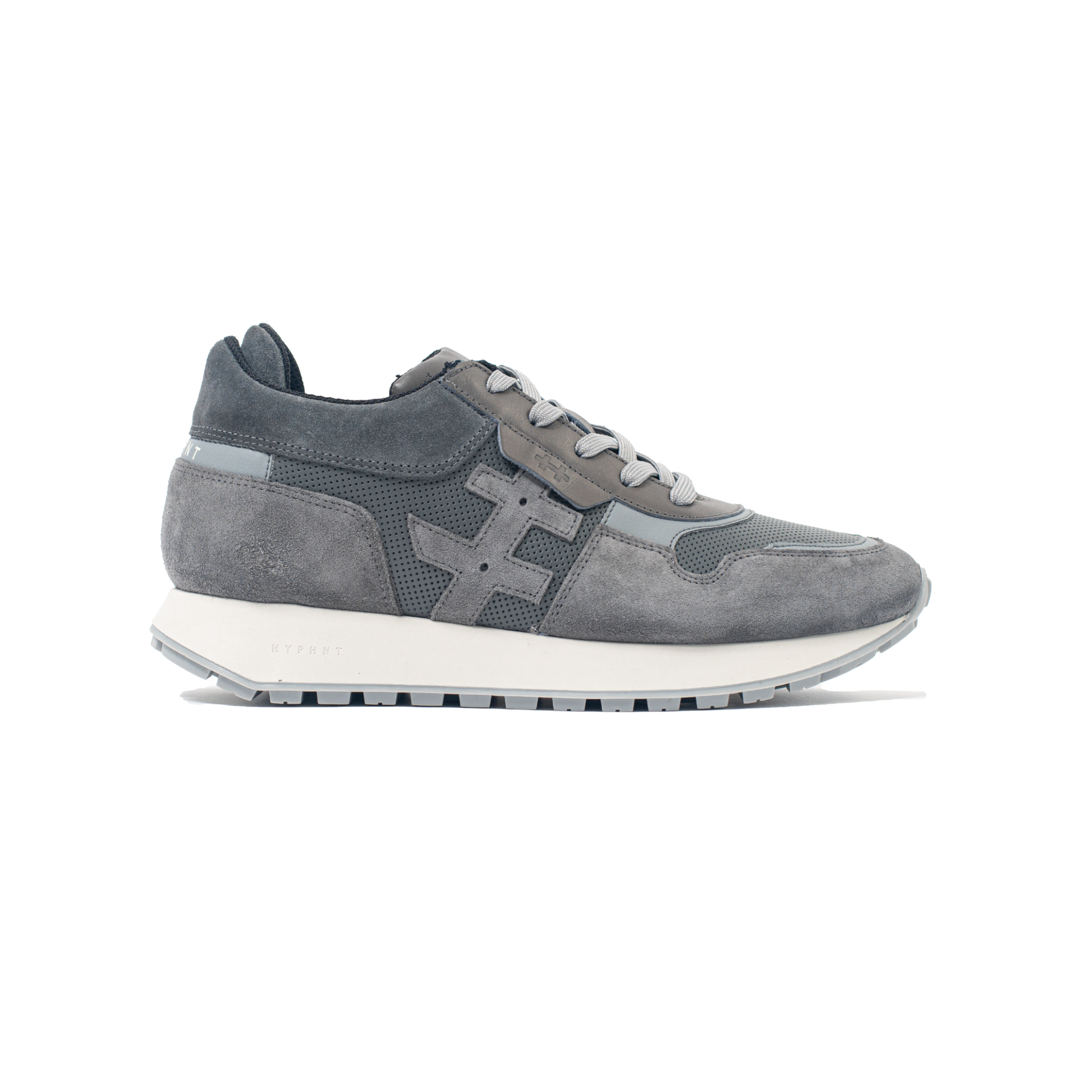 Gray sneaker with a white sole on a white background