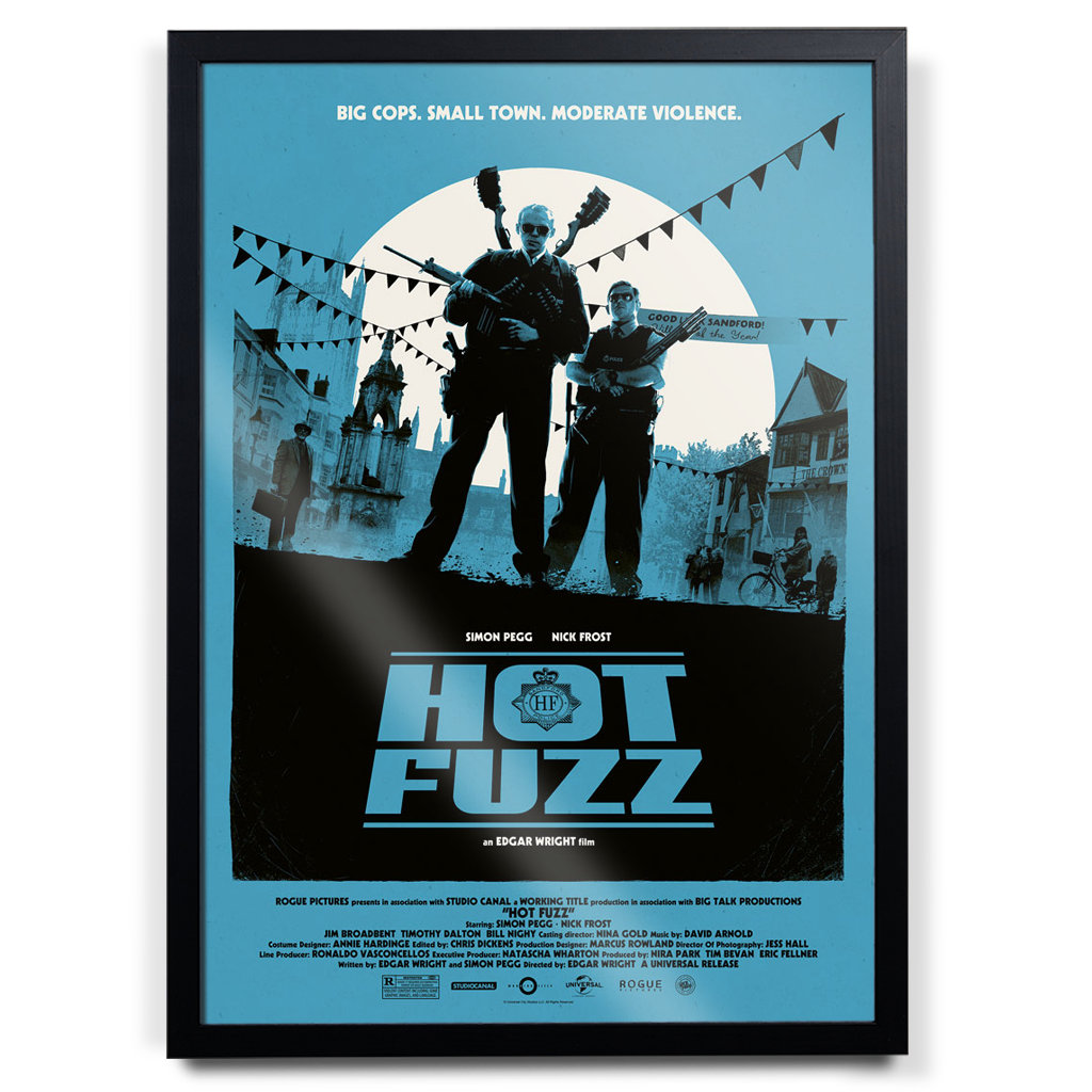 Movie poster for 'Hot Fuzz' with silhouettes of characters against a blue background.