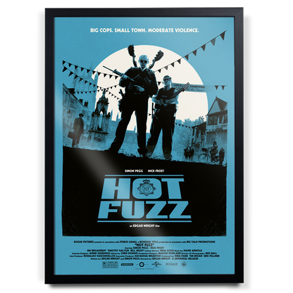 Movie poster for 'Hot Fuzz' with silhouettes of characters against a blue background.