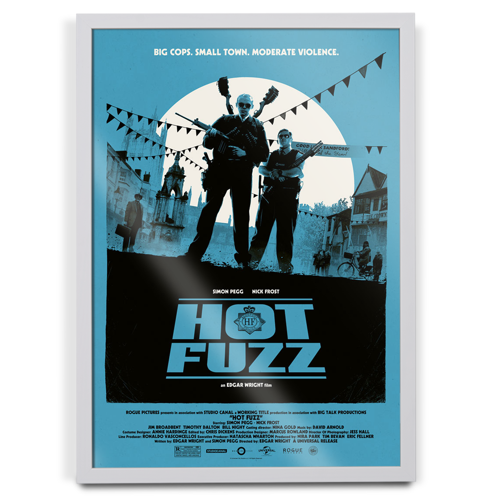 Movie poster for 'Hot Fuzz' with two characters silhouetted against a blue sky.